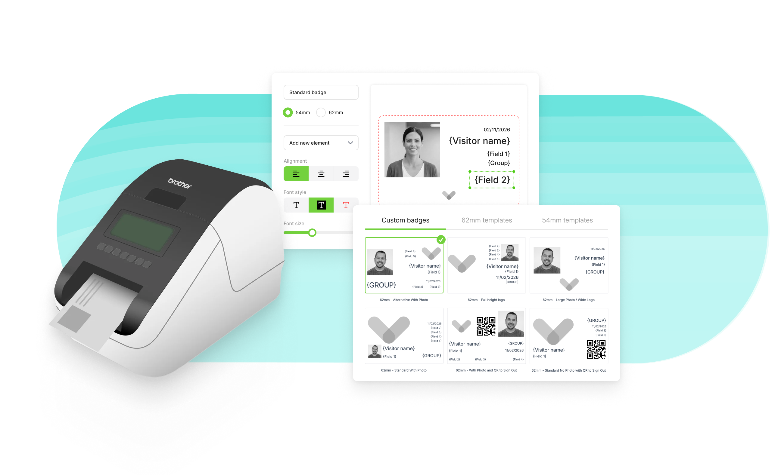 A Brother badge printer is shown printing a visitor ID badge, set against a teal abstract oval background. Two system interface panels are also shown with badge creation screens where the ID badge layouts can be designed and customized.
