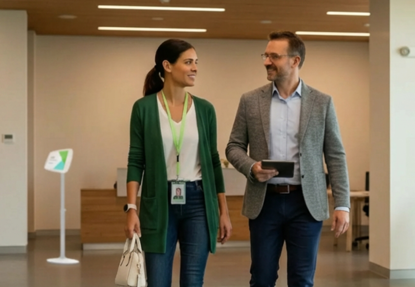 Two people are walking through an office foyer talking to each other. One is holding a tablet while the other is wearing a visitor ID badge on a lanyard.