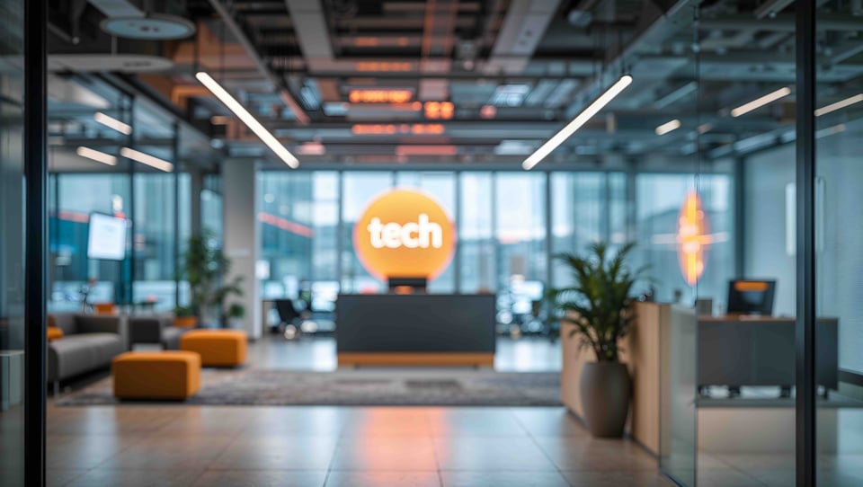 An image of a reception area with company branding