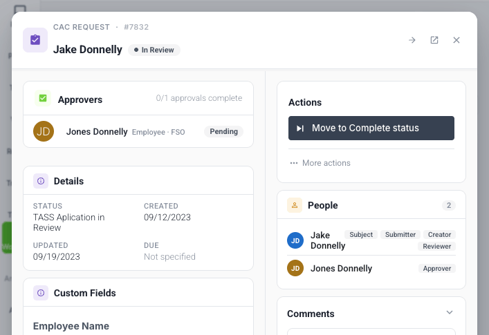 Workflow request with approvers and activity record