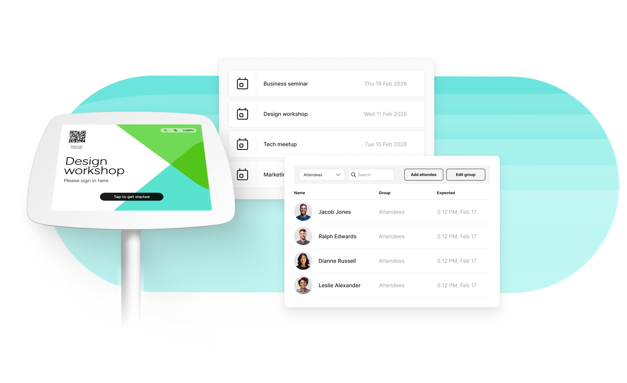 A tablet based kiosk is shown with a sign in screen for a workshop event. Two platform screens are also shown with the calendar of various upcoming events and their dates, and a list of event attendees