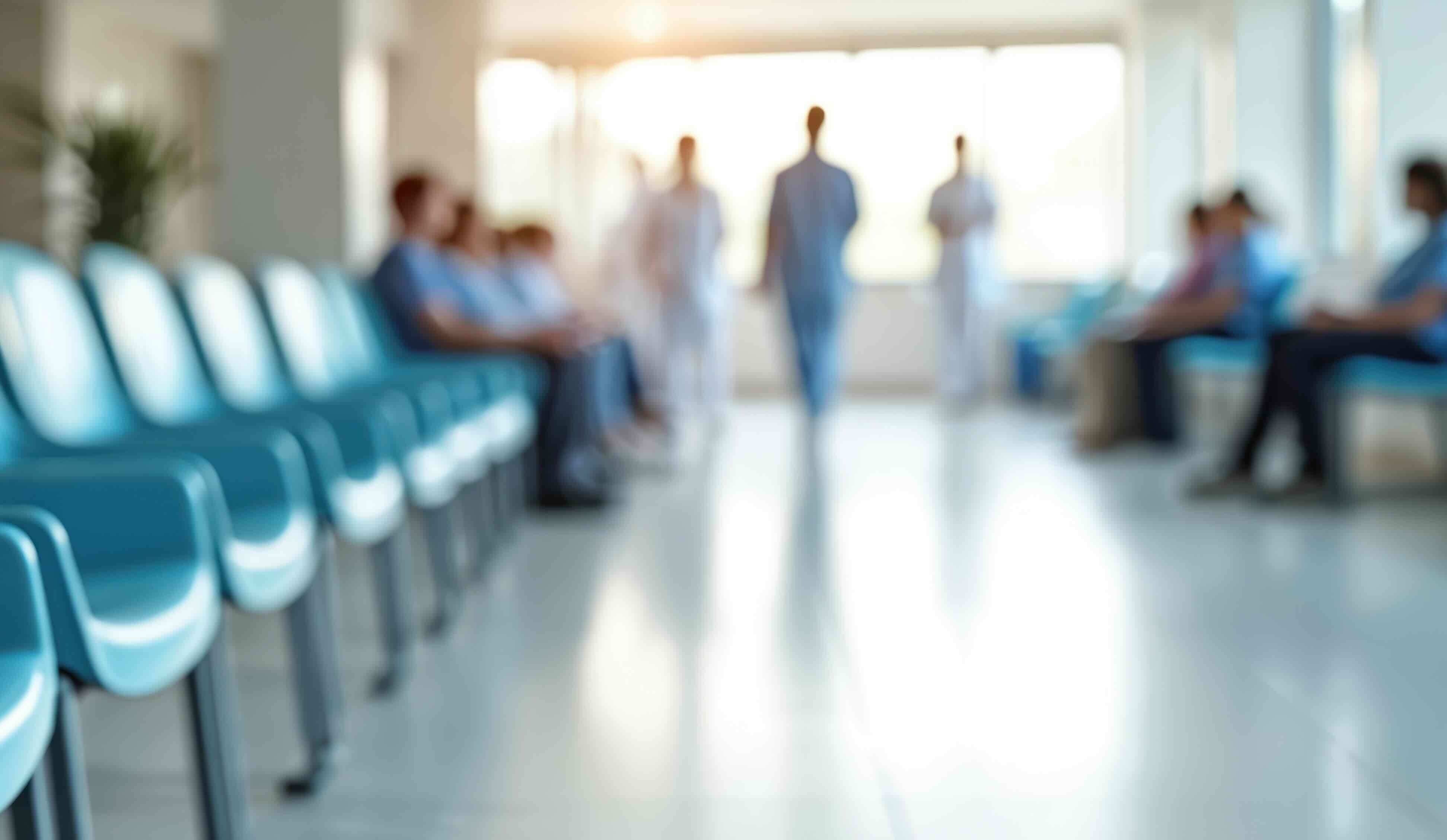 Blue chairs line one side of a hospital waiting area. People sit and stand in the blurred background, illuminated by natural light from large windows.