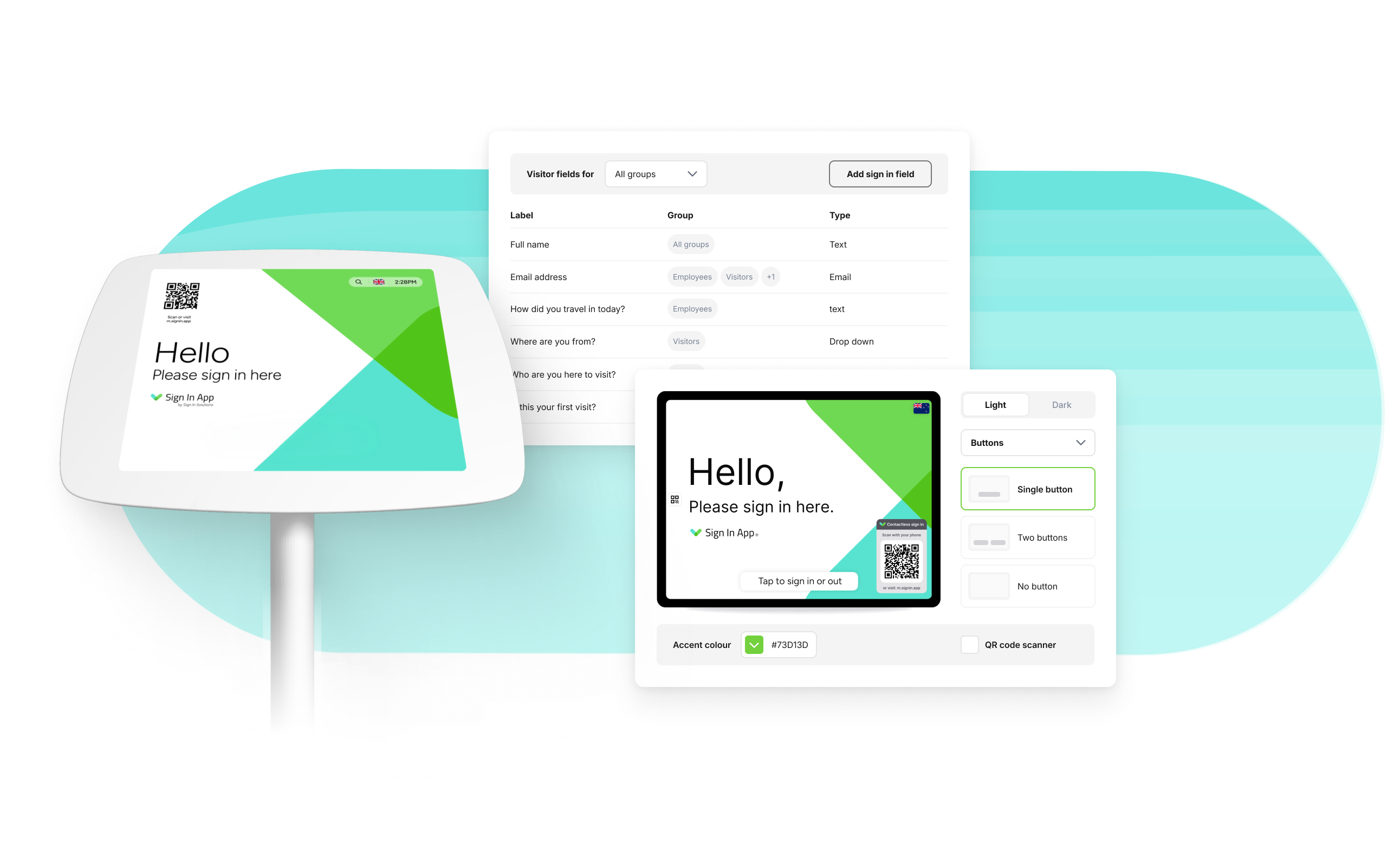A visitor management platform welcome screen is shown on a tablet with a teal backdrop. 2 other screens show cutomization options for registration fields and questions, and the design of the sign in screen with branding and color options