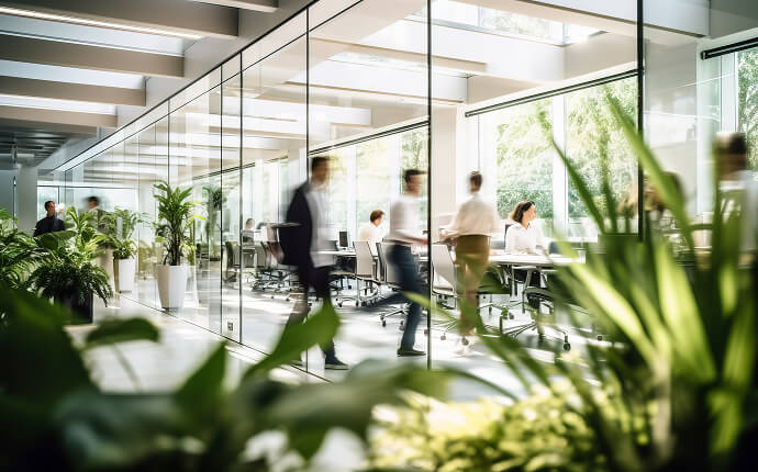 A bright, open workspace with indoor plants and glass panels, with blurred people moving about