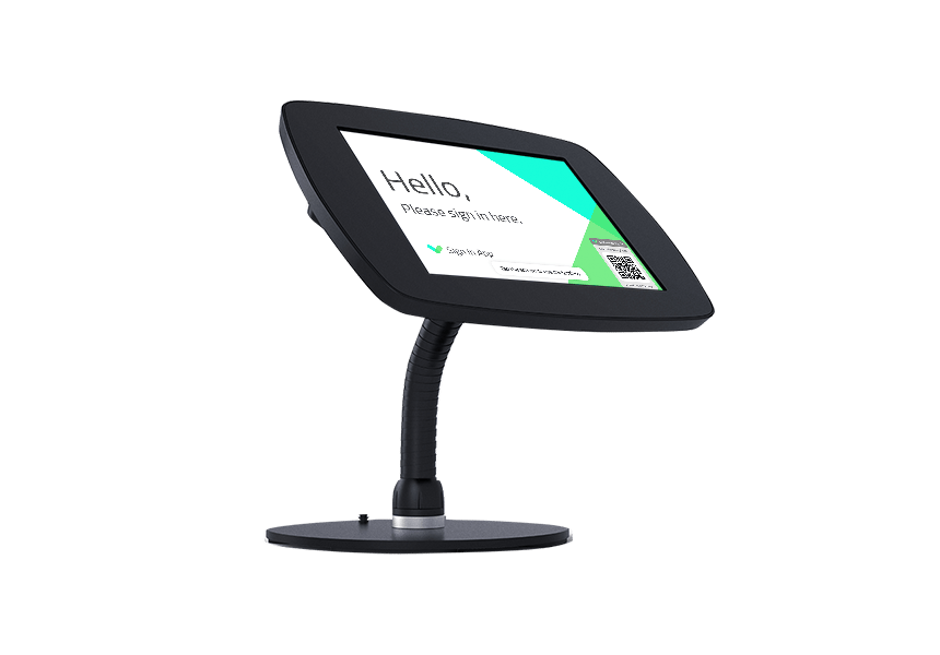 Black desktop stand for a sign in tablet.