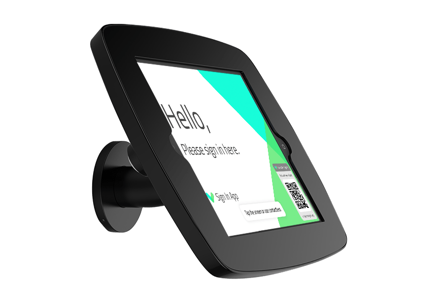 Black wallmounted holder for a sign in tablet.