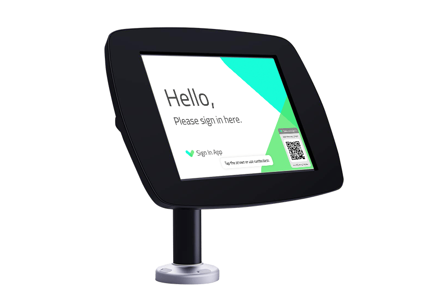 Black sign in tablet holder on a swivel base.