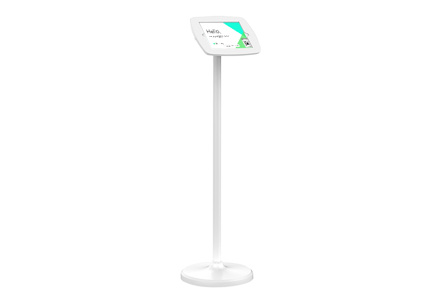 Tall white floor-standing pedestal holding a tablet display.