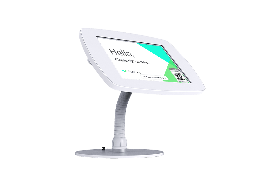 White desktop stand for a sign in tablet.