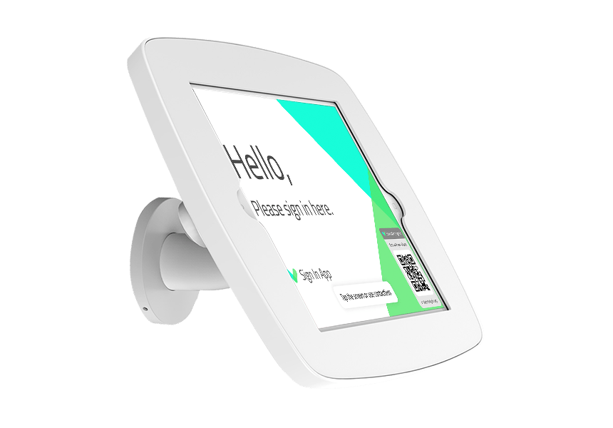 White wallmounted holder for a sign in tablet.