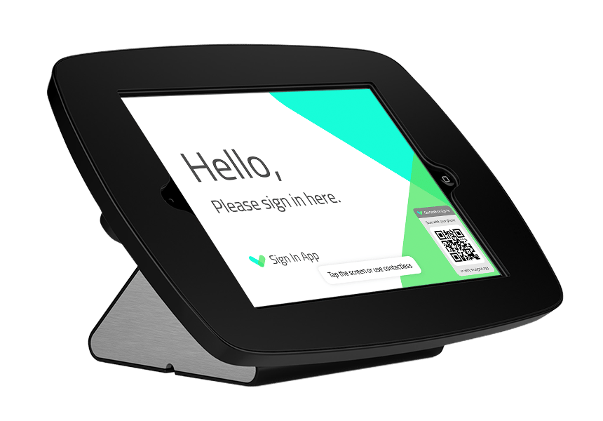 Black wide based desktop stand for a sign in tablet.