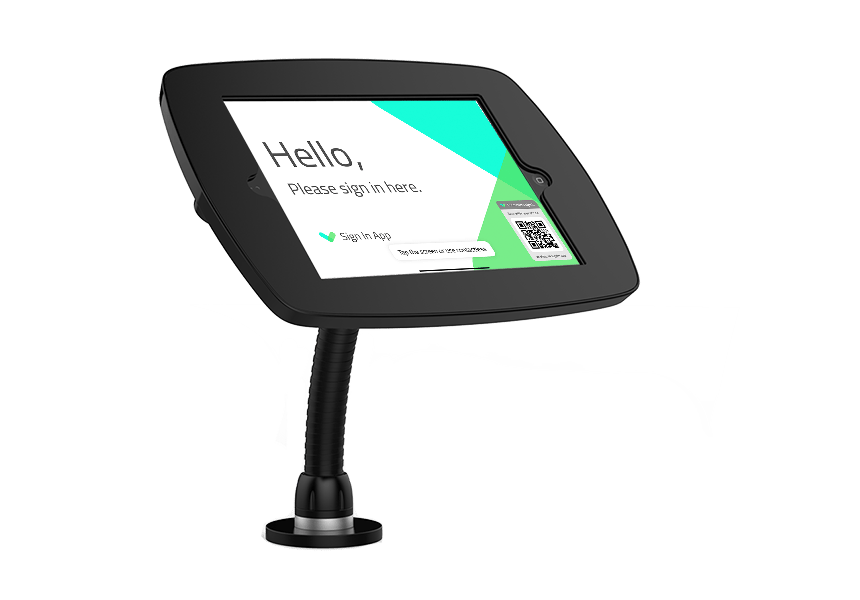 Black sign in tablet display on a flexible arm.