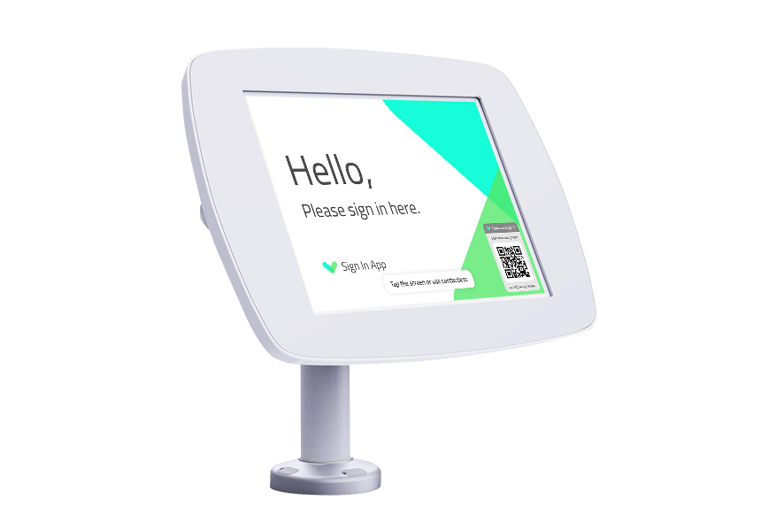 White sign in tablet holder on a swivel base.