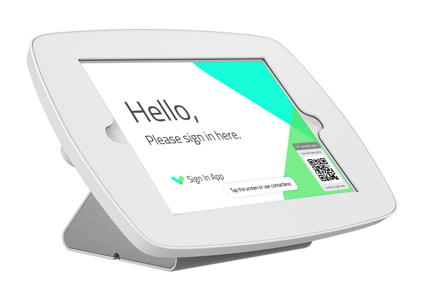 White wide based desktop stand for a sign in tablet.