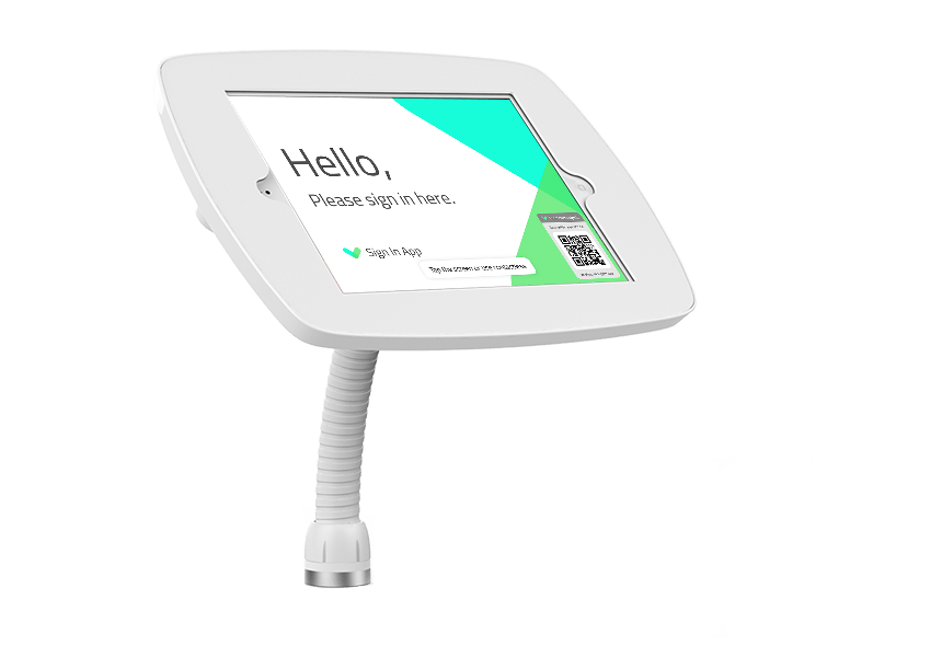 White sign in tablet display on a flexible arm.