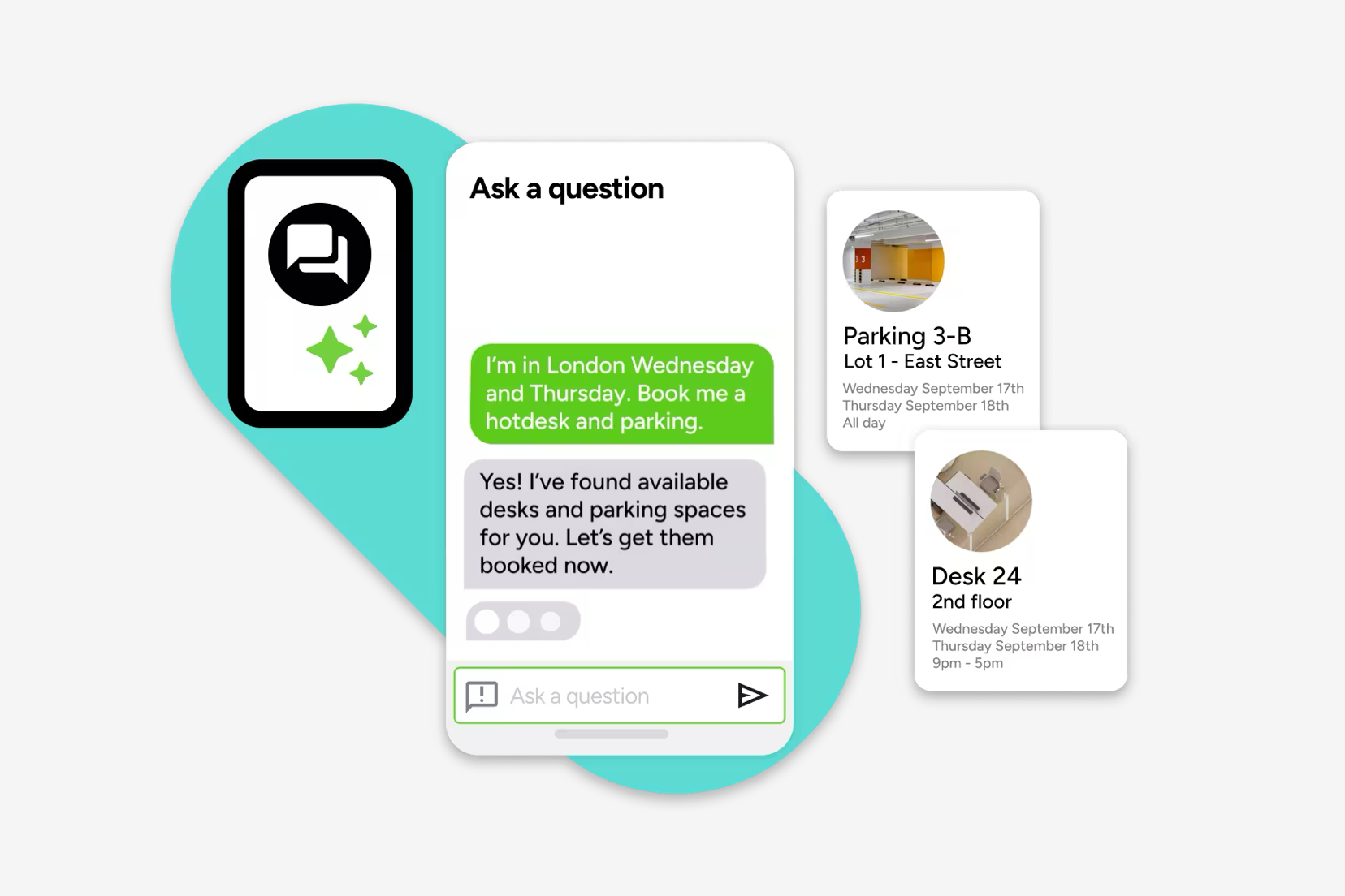 Smartphone interface displays a conversation with an AI agent about booking a hotdesk and parking in London for September 17-18. A sample interface then shows the confirmed booking details completed by the AI companion.